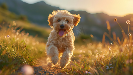 小狗快乐在山野奔跑高清摄影图
