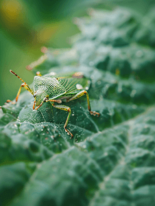 昆虫绿叶摄影照片_绿叶选择性焦点上臭虫的宏观照片