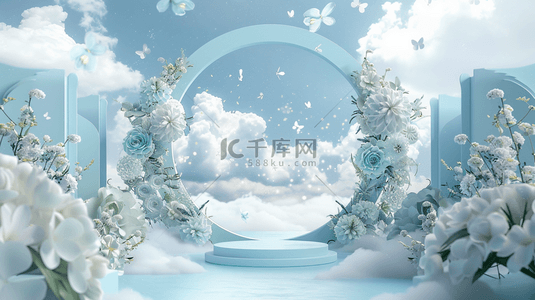 618柔和蓝粉色直播间花朵拱门展台背景图