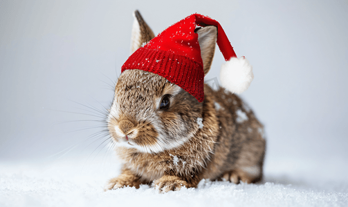 一只戴着红色圣诞帽的有趣的小棕兔