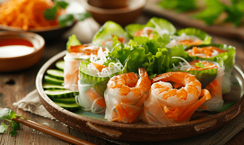 面条菜摄影照片_越南菜夏卷或春卷配虾