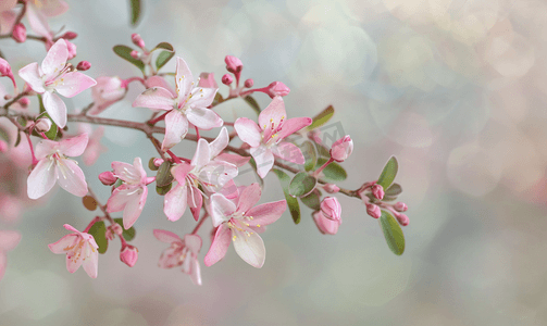 顶喷大花洒摄影照片_柔和的背景下六道木灌木娇嫩的粉红色花朵
