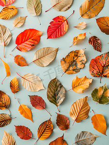 树叶纹理摄影照片_各种杂色树叶的秋天背景