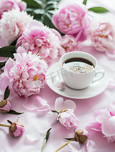 情人节背景粉色摄影照片_粉色牡丹花和一杯咖啡