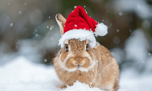 一只戴着红色圣诞帽的有趣的小棕兔