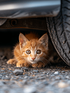 小猫在车下宠物躲藏起来猫爬到运输工具下丢失的动物