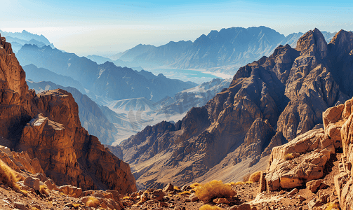 埃及西奈山脉全景类似于火星景观和海景