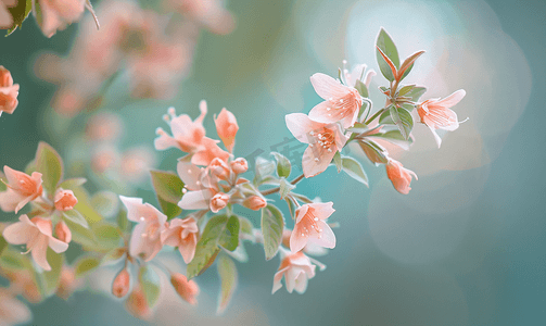 柔和的背景下六道木灌木娇嫩的粉红色花朵
