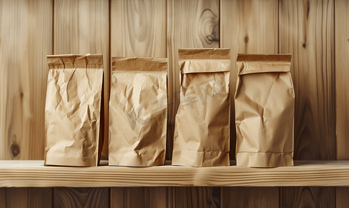 木架上的棕色纸食品袋包装