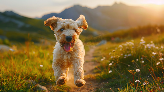 小狗快乐在山野奔跑高清图片