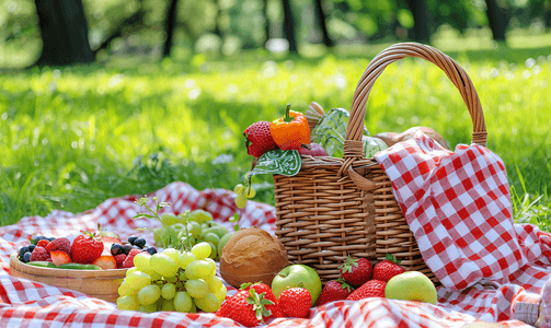 公园里毯子上放着一篮食物的夏日野餐