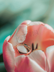 结婚戒指放在假粉色郁金香花中