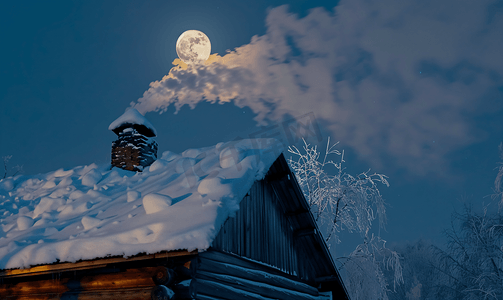 屋顶和月亮冬天村庄房屋的屋顶积雪的烟囱