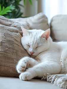 猫睡觉摄影照片_白猫累了在沙发上睡觉清洁自己