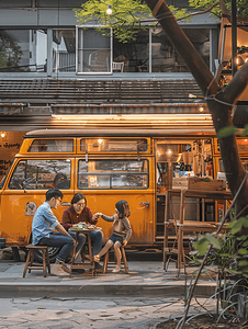舒适家人摄影照片_家人坐在咖啡馆里旁边有舒适的小型巴士食品市场