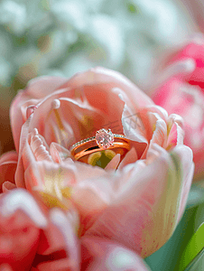 金粉素材摄影照片_结婚戒指放在假粉色郁金香花中