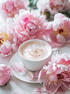 情人节背景粉色摄影照片_粉色牡丹花和一杯咖啡