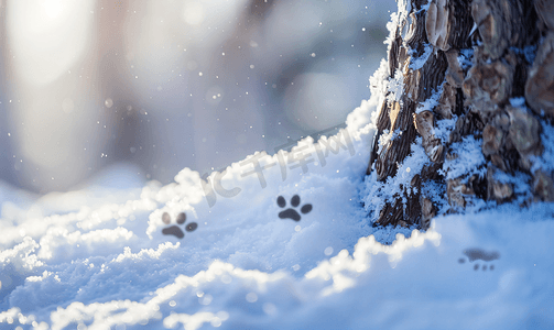 雪上的猫脚印覆盖了树干