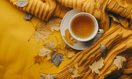 秋季黄色背景摄影照片_舒适的秋季组合毛衣天气特洛叶热茶和毛衣