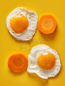 煎鸡蛋和胡萝卜片分离的顶视图