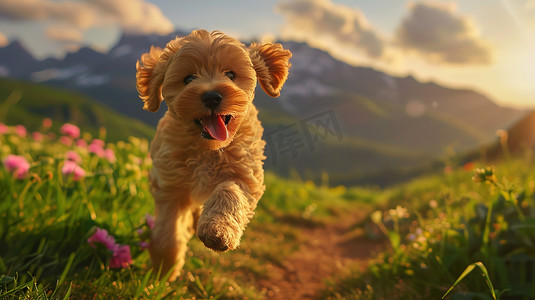 小狗快乐在山野奔跑照片