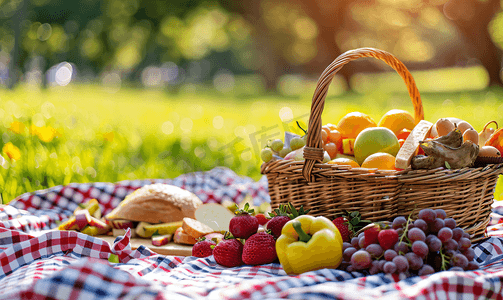 放书摄影照片_公园里毯子上放着一篮食物的夏日野餐