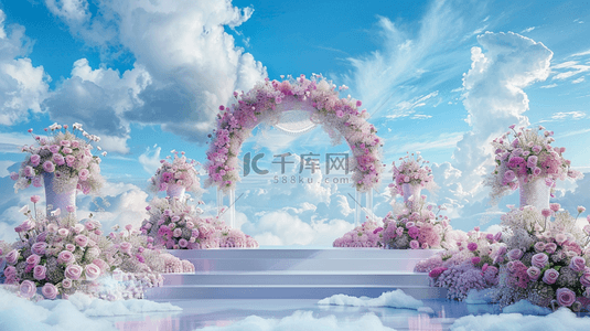 柔和蓝粉色直播间618花朵拱门展台背景图