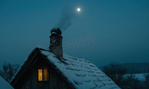 屋顶和月亮冬天村庄房屋的屋顶积雪的烟囱