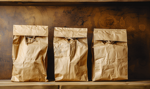 木架上的棕色纸食品袋包装