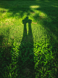 花园散步摄影照片_草地上用手机的人的影子