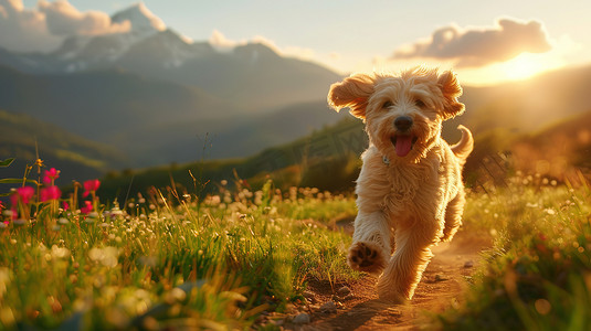 小狗快乐在山野奔跑照片