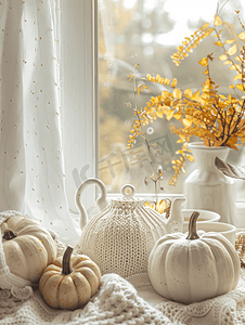 舒适的秋季组合毛衣天气南瓜热茶和窗上的毛衣