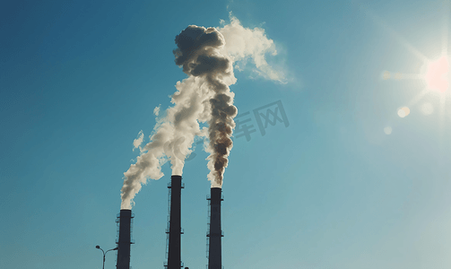 大气工业摄影照片_空气污染吸烟烟囱蓝天