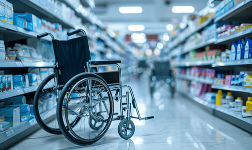 轮椅治疗摄影照片_药店货架上有轮椅和助行器背景模糊