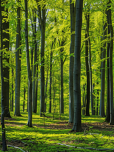 绿色春季树木摄影照片_春季山毛榉森林全景
