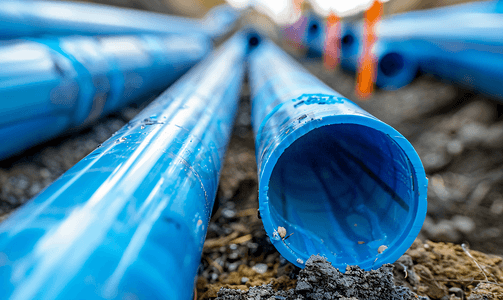 蓝色水管工业管道位于地面上燃气管道铺设细节