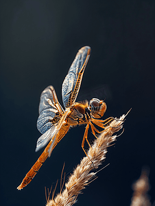 水生野生摄影照片_黑暗背景下蜻蜓栖息在干草叶上的特写