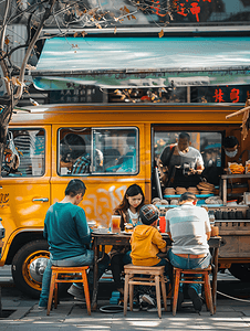 舒适家人摄影照片_家人坐在咖啡馆里旁边有舒适的小型巴士食品市场