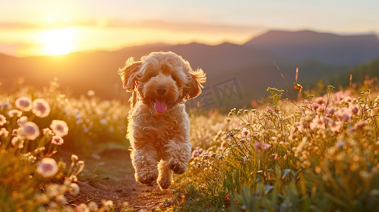 小狗快乐在山野奔跑摄影图