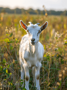 农场里的一只山羊在绿草上牧场上的山羊