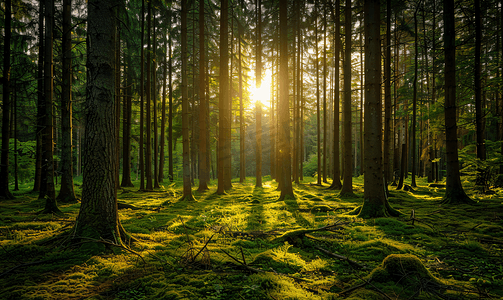 阳光穿过松树林森林地面上的树木和苔藓
