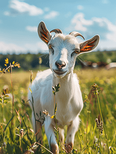 眼耳摄影照片_农场里的一只山羊在绿草上牧场上的山羊