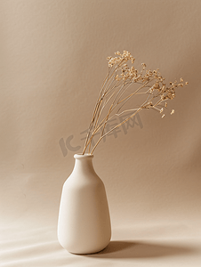 干花摄影照片_花瓶中的干花北欧花瓶陶瓷米色背景