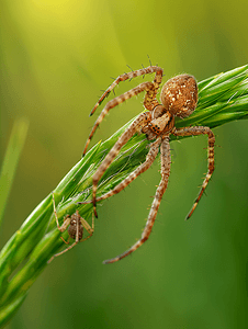 十字蜘蛛与猎物挤在草叶上是昆虫中有用的猎人