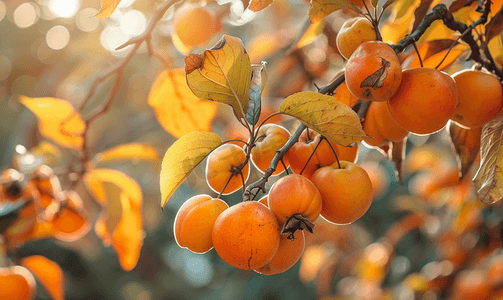 柿子特写摄影照片_秋天的柿子果树和树叶