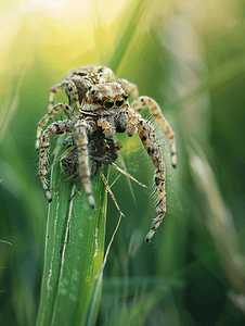 十字蜘蛛与猎物挤在草叶上是昆虫中有用的猎人