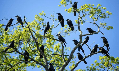 动物轮廓图案摄影照片_树上的乌鸦树枝上有很多鸟