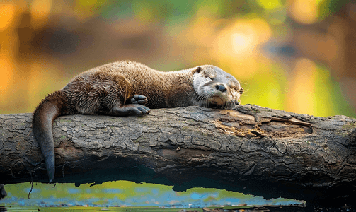 水獭以可爱的姿势睡在木头上