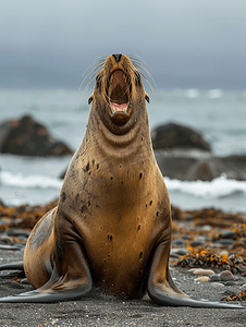 海狮在巴塔哥尼亚的海滩上咆哮