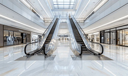 购物中心的自动扶梯与白色地板隔离